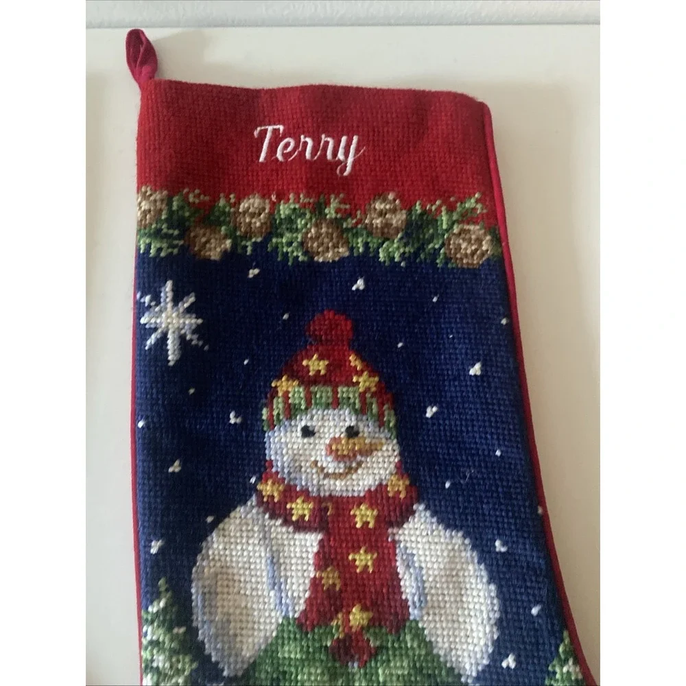 Christmas Snowman Lot of 2 Stockings Wool Needlepoint By Hand Red Velvet